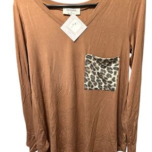 Zenana Brown M Long Sleeve Top with Leopard Pocket